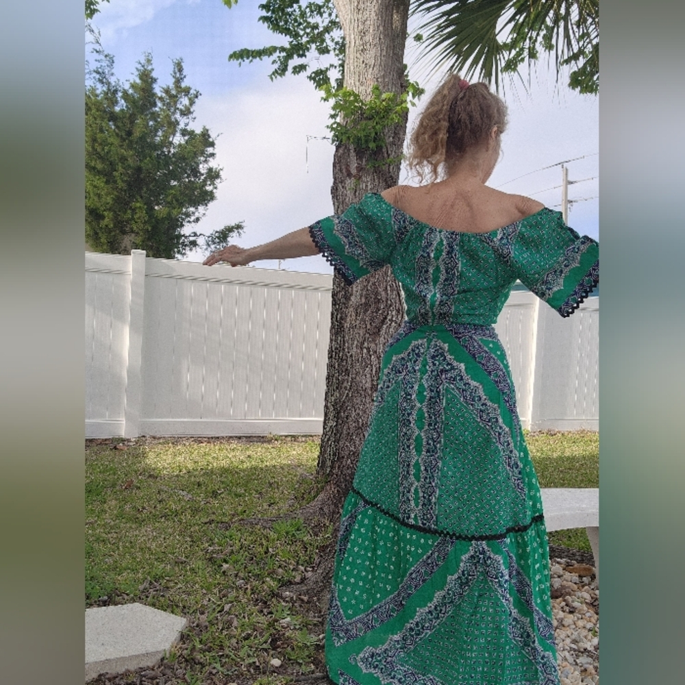 Vintage Dress Maxi Antique Green & Black 100% Cotton Bandana Dress 1960